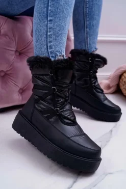 Boto Śniegowce Damskie*Damskie Botki Śniegowce Ocieplane Futerkiem Czarne Calma