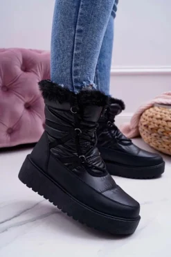 Boto Śniegowce Damskie*Damskie Botki Śniegowce Ocieplane Futerkiem Czarne Calma