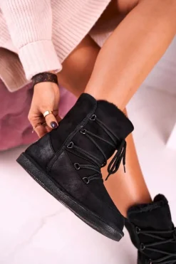 Boto Śniegowce Damskie*Damskie Botki Śniegowce Ocieplane Futerkiem Czarne Ilana