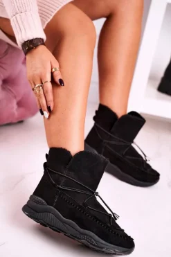 New Boto Damskie Botki Śniegowce Sportowe Ocieplane Futerkiem Czarne Synte