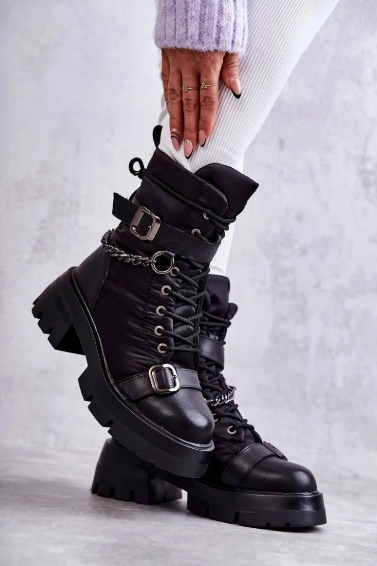 GOE Damskie Botki Śniegowce Z Łańcuchem KK2N4018 Czarne