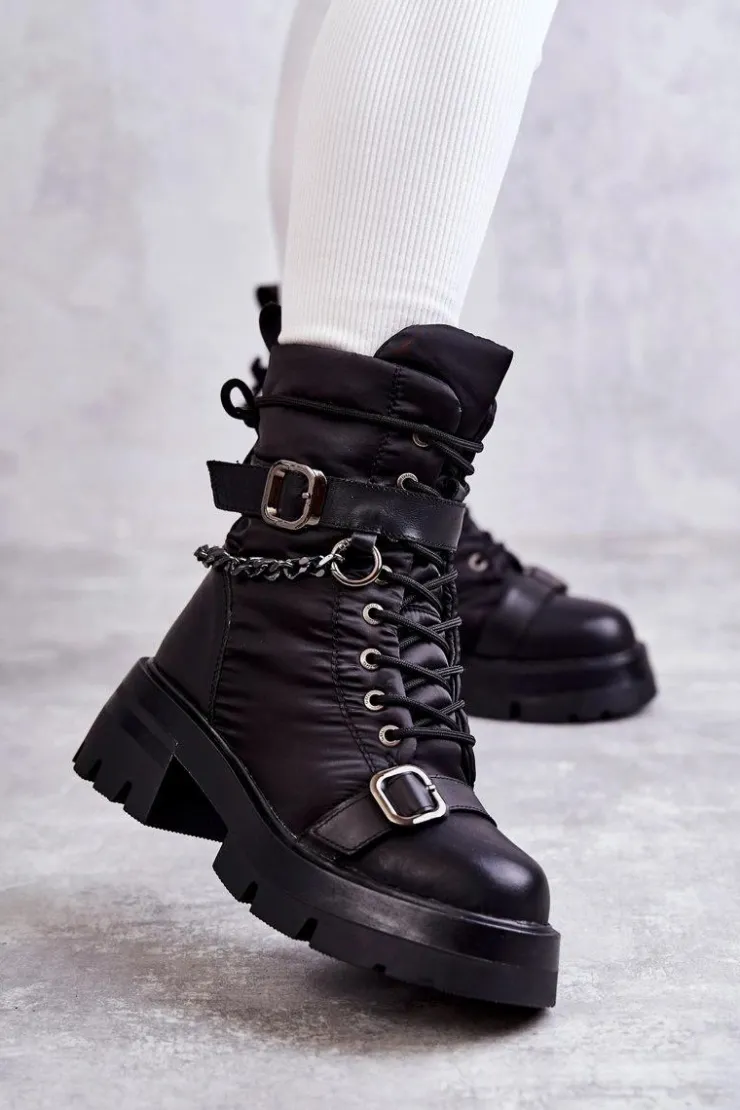 GOE Damskie Botki Śniegowce Z Łańcuchem KK2N4018 Czarne