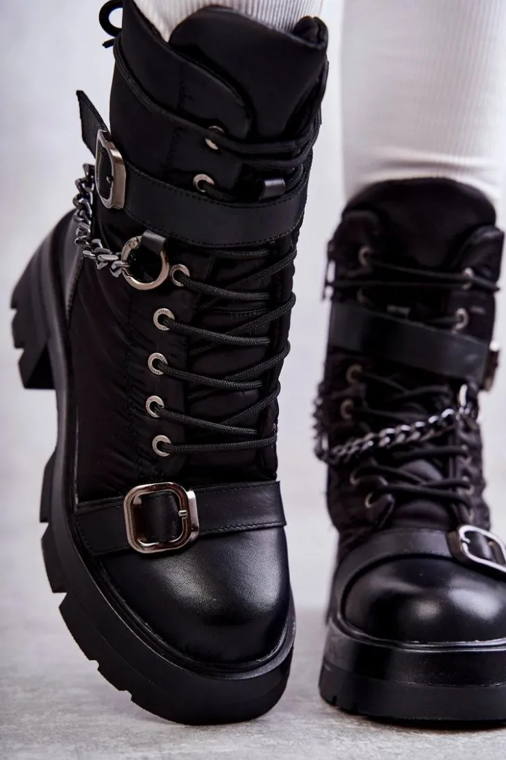 GOE Damskie Botki Śniegowce Z Łańcuchem KK2N4018 Czarne