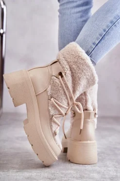 Boto Śniegowce Damskie|Damskie Trapery*Damskie Botki Śniegowce Z Kożuszkiem Beżowe Sanna