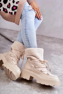 Boto Śniegowce Damskie|Damskie Trapery*Damskie Botki Śniegowce Z Kożuszkiem Beżowe Sanna