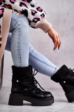 Best Boto Damskie Botki Śniegowce Z Kożuszkiem Czarne Sanna