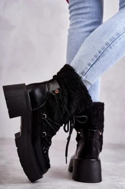 Best Boto Damskie Botki Śniegowce Z Kożuszkiem Czarne Sanna