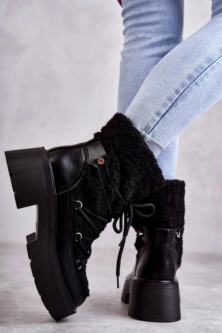 Best Boto Damskie Botki Śniegowce Z Kożuszkiem Czarne Sanna