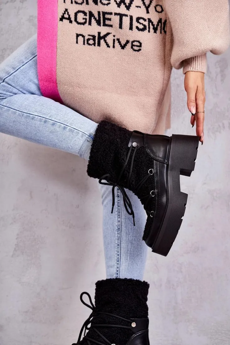 Best Boto Damskie Botki Śniegowce Z Kożuszkiem Czarne Sanna