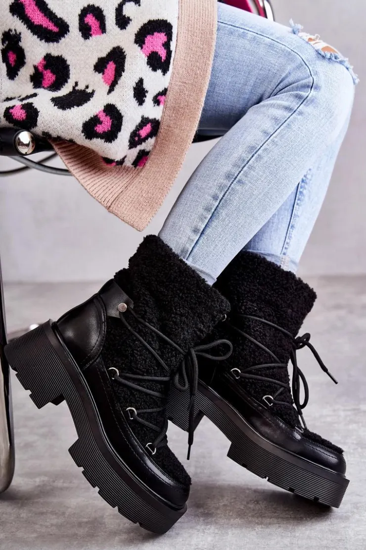 Best Boto Damskie Botki Śniegowce Z Kożuszkiem Czarne Sanna