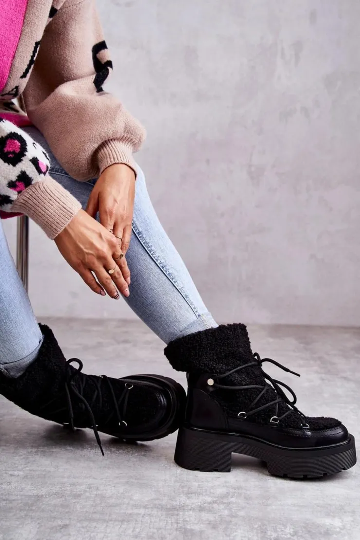 Best Boto Damskie Botki Śniegowce Z Kożuszkiem Czarne Sanna