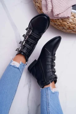 New Boto Damskie Botki Nity Klamry Czarne Berugio