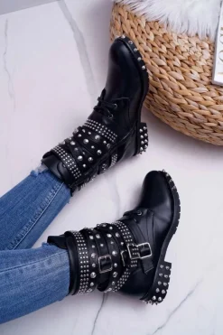 Damskie Boto Damskie Botki Nity Kolce Czarne Verona