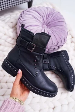 Damskie Boto Damskie Botki Ocieplane Futerkiem Czarne Piano