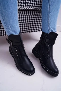 Damskie Boto Damskie Botki Ocieplane Futerkiem Czarne Piano