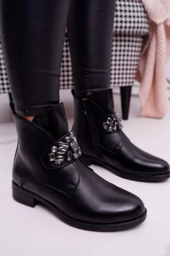Damskie Boto Damskie Botki Ocieplane Kryształki Czarne Somingo