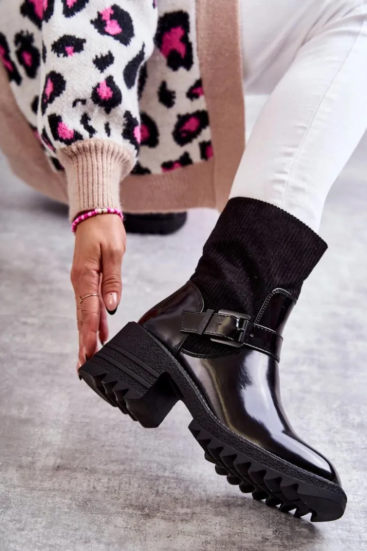 Damskie Boto Damskie Botki Ocieplane Na Masywnym Obcasie Czarne Marinela