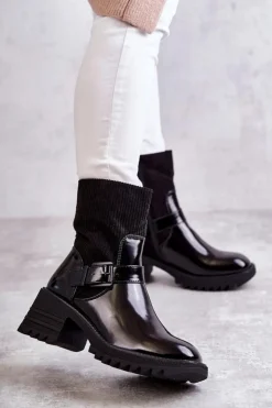 Damskie Boto Damskie Botki Ocieplane Na Masywnym Obcasie Czarne Marinela