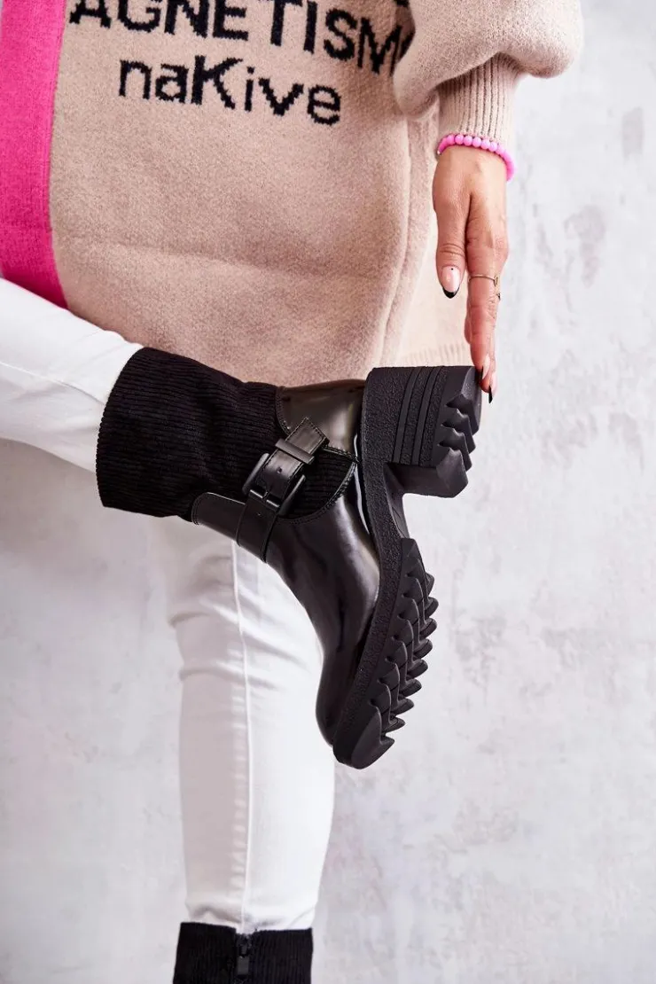 Damskie Boto Damskie Botki Ocieplane Na Masywnym Obcasie Czarne Marinela