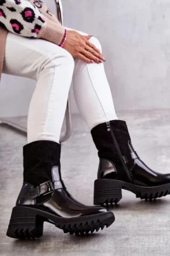 Damskie Boto Damskie Botki Ocieplane Na Masywnym Obcasie Czarne Marinela