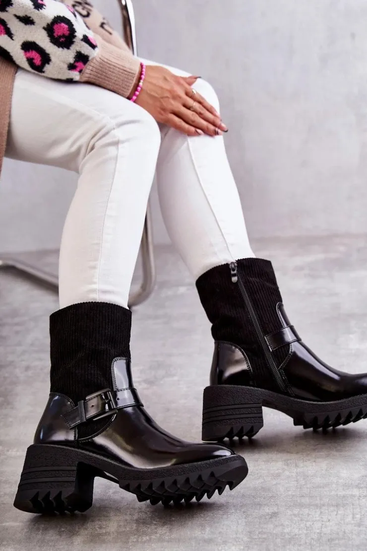 Damskie Boto Damskie Botki Ocieplane Na Masywnym Obcasie Czarne Marinela