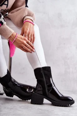 Damskie Boto Damskie Botki Ocieplane Na Masywnym Obcasie Czarne Marinela