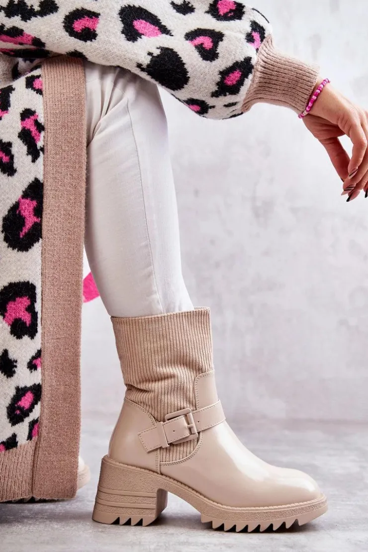 Boto Botki Ocieplane|Czarne Botki*Damskie Botki Ocieplane Na Masywnym Obcasie Beżowe Marinela Beżowy