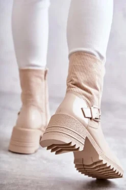 Boto Botki Ocieplane|Czarne Botki*Damskie Botki Ocieplane Na Masywnym Obcasie Beżowe Marinela Beżowy