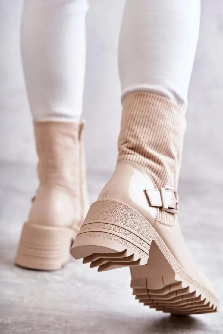 Boto Botki Ocieplane|Czarne Botki*Damskie Botki Ocieplane Na Masywnym Obcasie Beżowe Marinela Beżowy