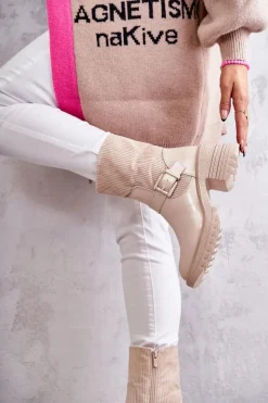 Boto Botki Ocieplane|Czarne Botki*Damskie Botki Ocieplane Na Masywnym Obcasie Beżowe Marinela Beżowy