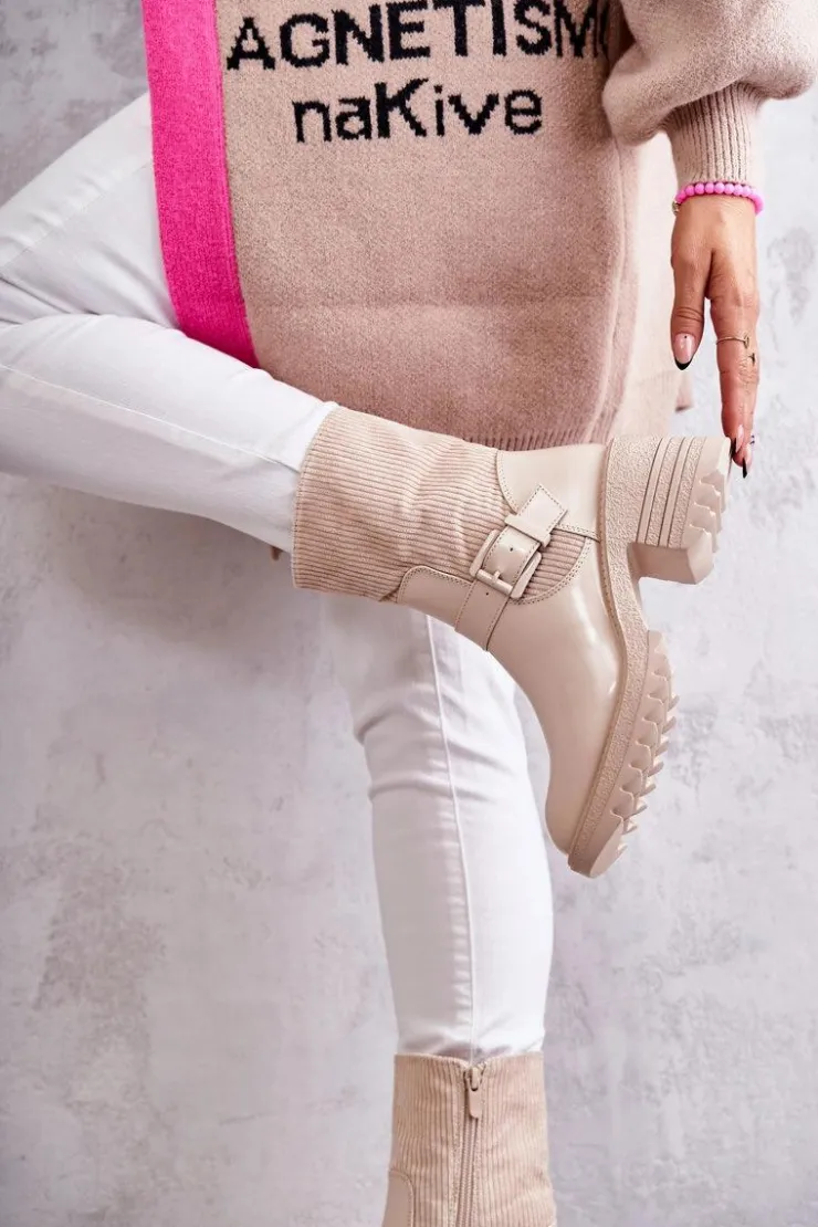 Boto Botki Ocieplane|Czarne Botki*Damskie Botki Ocieplane Na Masywnym Obcasie Beżowe Marinela Beżowy