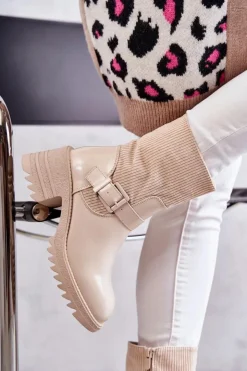 Boto Botki Ocieplane|Czarne Botki*Damskie Botki Ocieplane Na Masywnym Obcasie Beżowe Marinela Beżowy