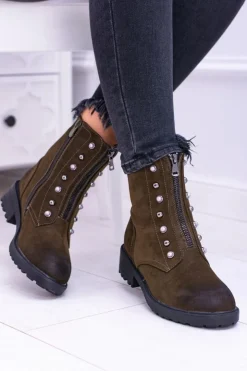 Damskie buty S.Barski Botki Płaskie|Czarne Botki*Damskie Botki Ocieplane Trapery Khaki Dowito