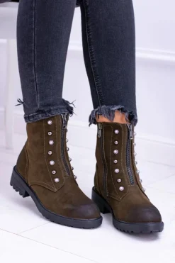 Damskie buty S.Barski Botki Płaskie|Czarne Botki*Damskie Botki Ocieplane Trapery Khaki Dowito