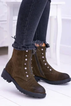 Damskie buty S.Barski Botki Płaskie|Czarne Botki*Damskie Botki Ocieplane Trapery Khaki Dowito