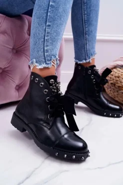 Clearance Boto Damskie Botki Ocieplane Wstążka Ćwieki Grethan