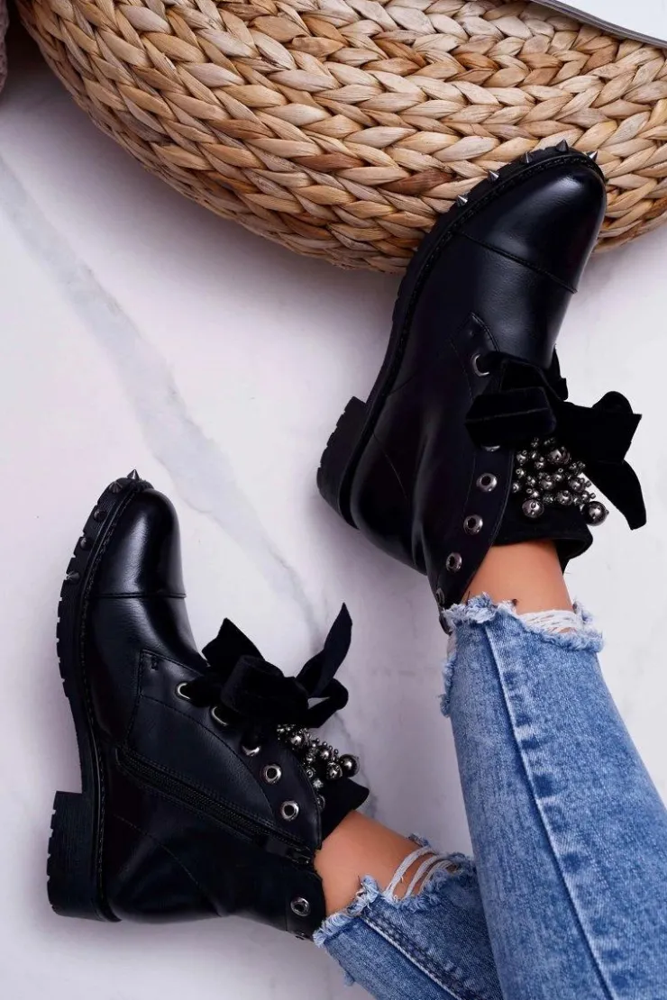 Clearance Boto Damskie Botki Ocieplane Wstążka Ćwieki Grethan