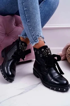 Clearance Boto Damskie Botki Ocieplane Wstążka Ćwieki Grethan