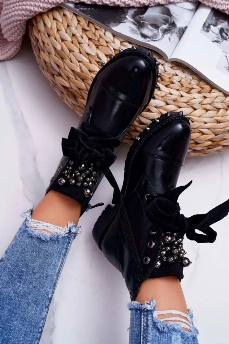 Clearance Boto Damskie Botki Ocieplane Wstążka Ćwieki Grethan