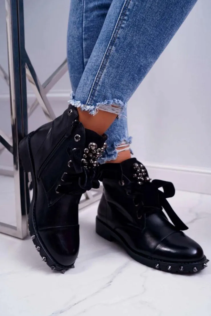 Clearance Boto Damskie Botki Ocieplane Wstążka Ćwieki Grethan