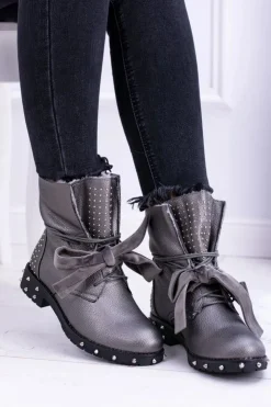 Boto Botki Sznurowane|Botki Zimowe Damskie*Damskie Botki Ocieplane Z Kolcami i Dżetami Srebrne Neso