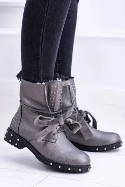 Boto Botki Sznurowane|Botki Zimowe Damskie*Damskie Botki Ocieplane Z Kolcami i Dżetami Srebrne Neso
