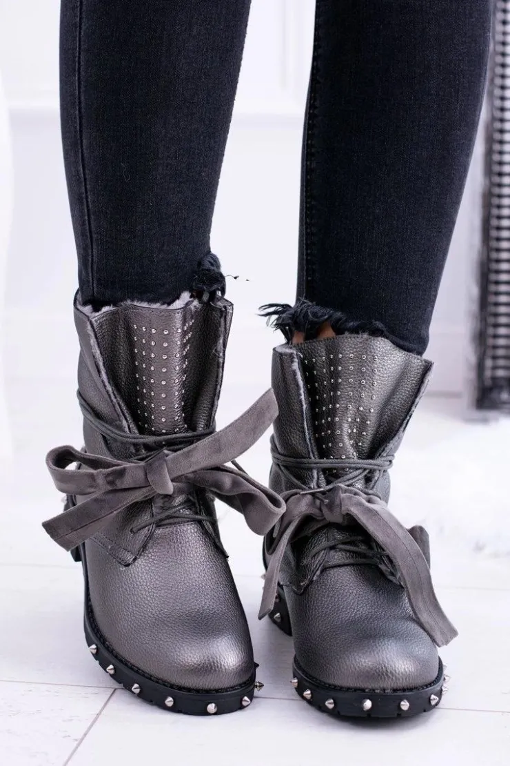 Boto Botki Sznurowane|Botki Zimowe Damskie*Damskie Botki Ocieplane Z Kolcami i Dżetami Srebrne Neso