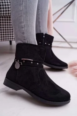 Damskie Boto Damskie Botki Płaski Obcas Ocieplane Czarne Verte