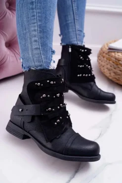Damskie Boto Damskie Botki Płaski Obcas Z Dżetami Czarne Valko