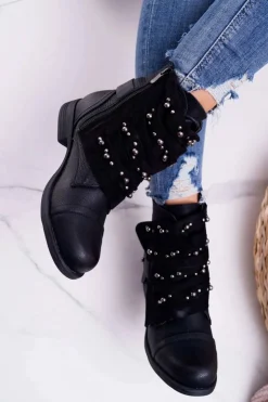 Damskie Boto Damskie Botki Płaski Obcas Z Dżetami Czarne Valko