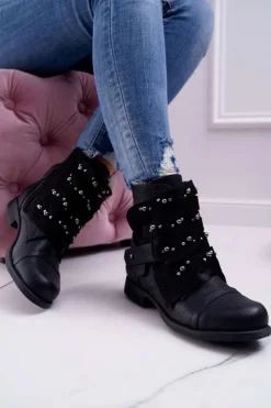 Damskie Boto Damskie Botki Płaski Obcas Z Dżetami Czarne Valko