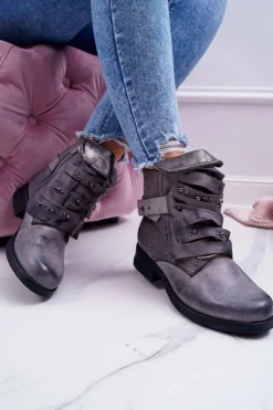 Damskie Boto Damskie Botki Płaski Obcas Ciepłe Szare Debra