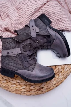 Damskie Boto Damskie Botki Płaski Obcas Ciepłe Szare Debra