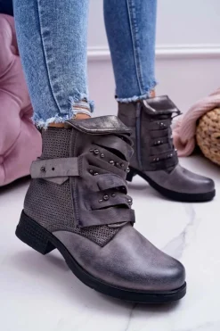 Damskie Boto Damskie Botki Płaski Obcas Ciepłe Szare Debra